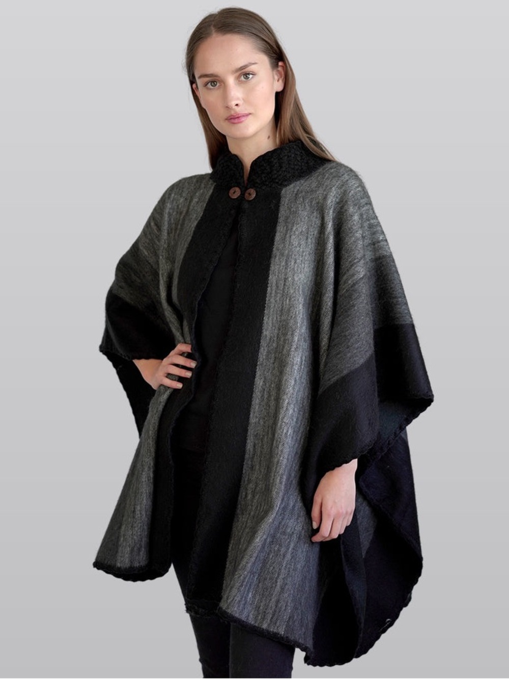 Alpaca Wool Ecuador Cape Women’s Two-Tone Gray & Black Knit Poncho Sweater Fall